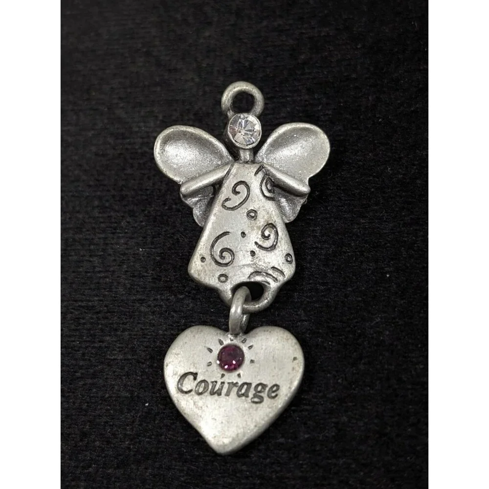 Vtg Gloria Duchin Pewter Angel Courage Charm Brooch Pin Pink Birhtstone‎